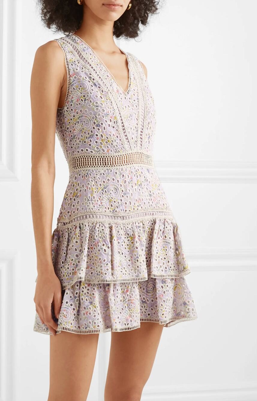 Alice + Olivia Tonie Purple Floral Embroidered Eyelet Mini Dress US 2